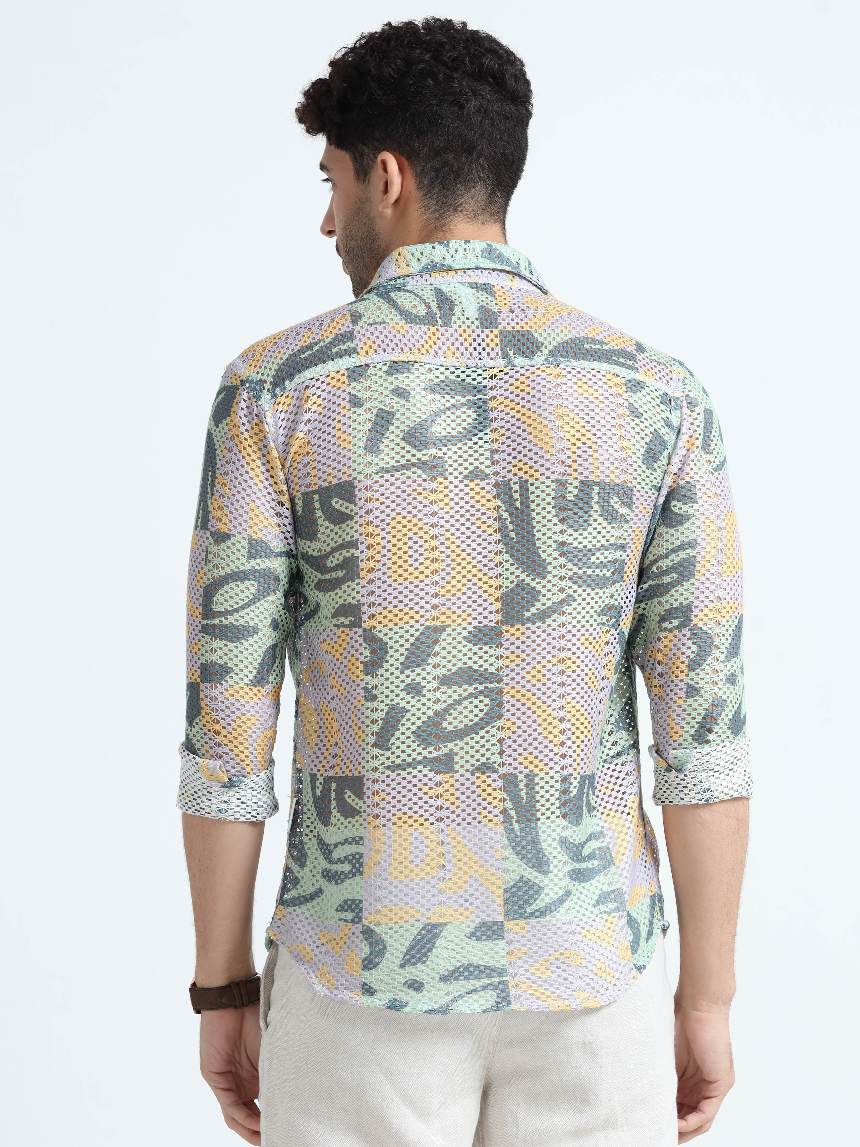 Men's Green-Purple Cotton Crochet Knitted Regular Collar Full Sleeve Shirt
