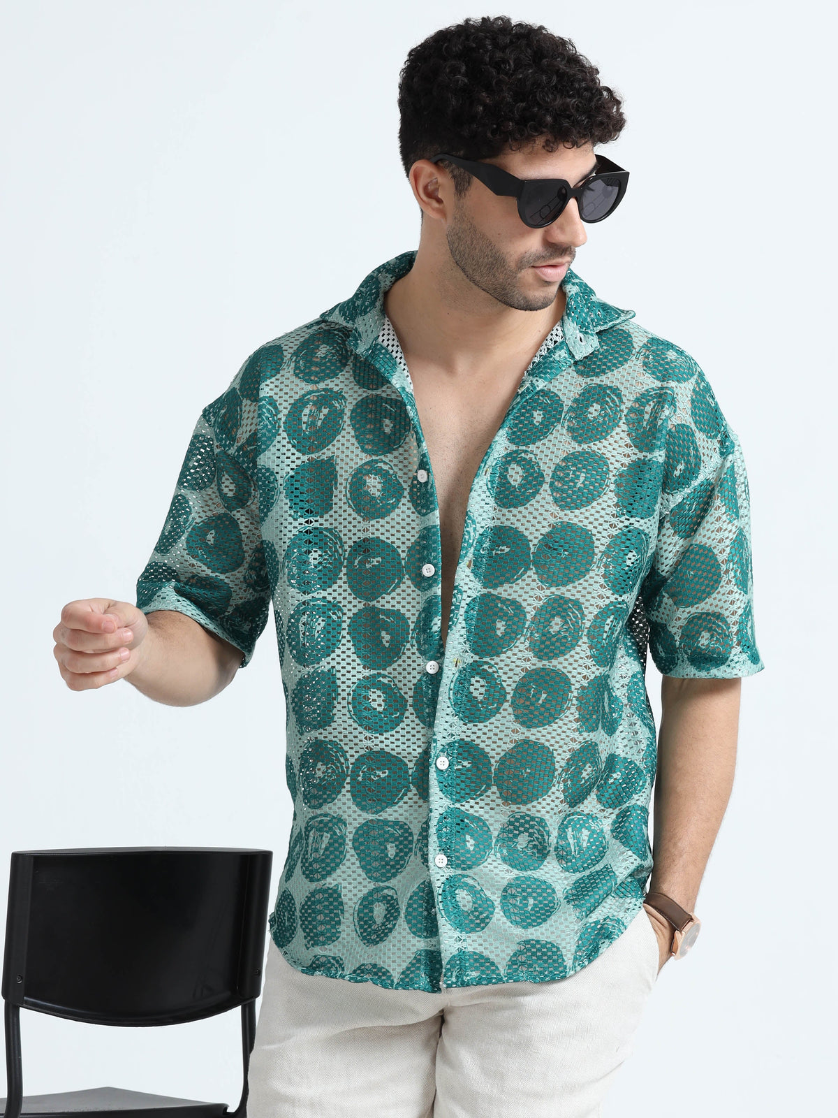 Men's Green Cotton Crochet Knitted Shirt - Regular Collar, Drop Shoulder, Half Sleeves