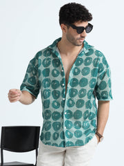 Men's Green Cotton Crochet Knitted Shirt - Regular Collar, Drop Shoulder, Half Sleeves
