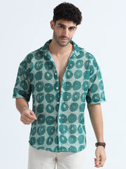 Men's Green Cotton Crochet Knitted Shirt - Regular Collar, Drop Shoulder, Half Sleeves