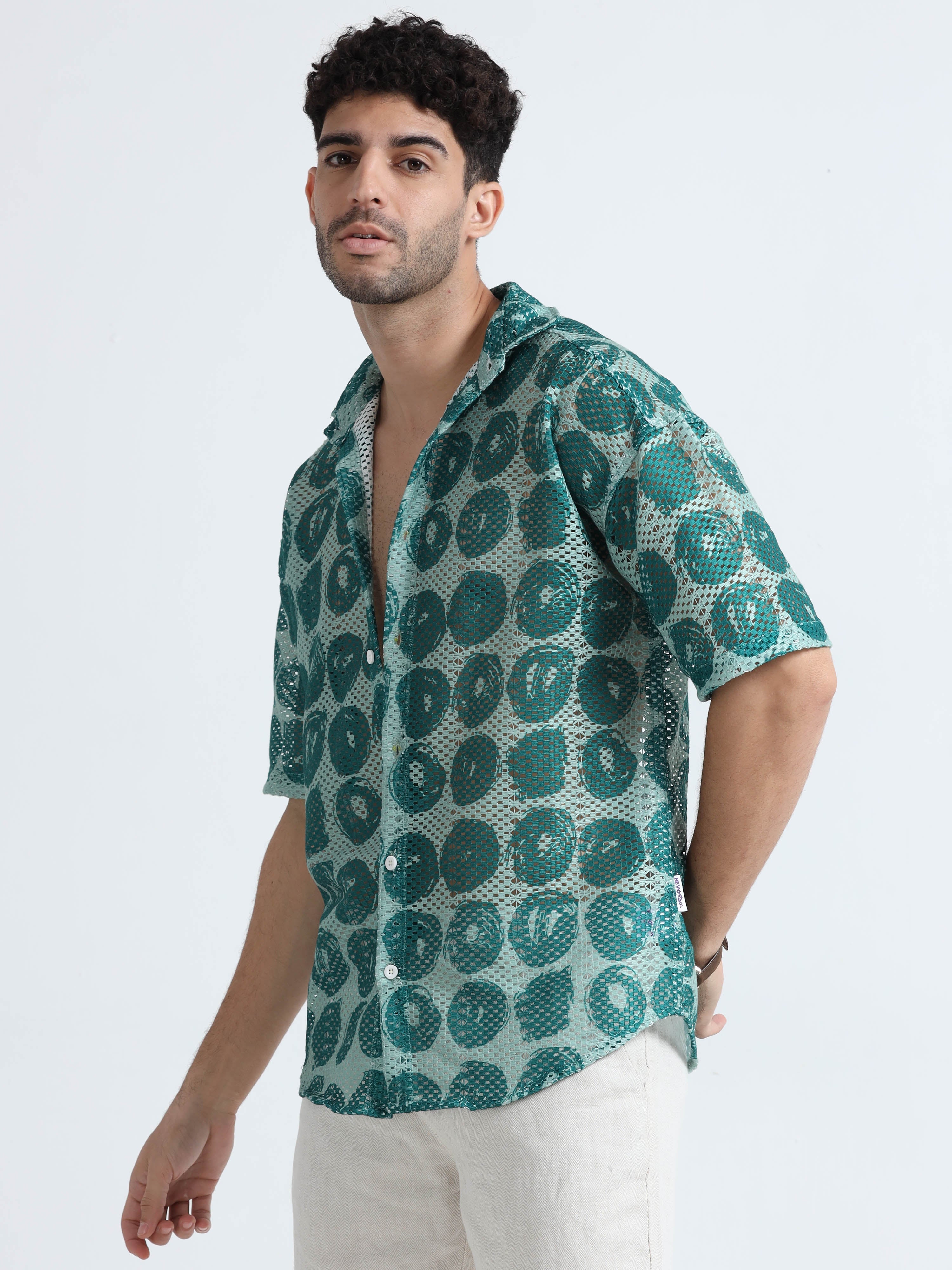 Men's Green Cotton Crochet Knitted Shirt - Regular Collar, Drop Shoulder, Half Sleeves