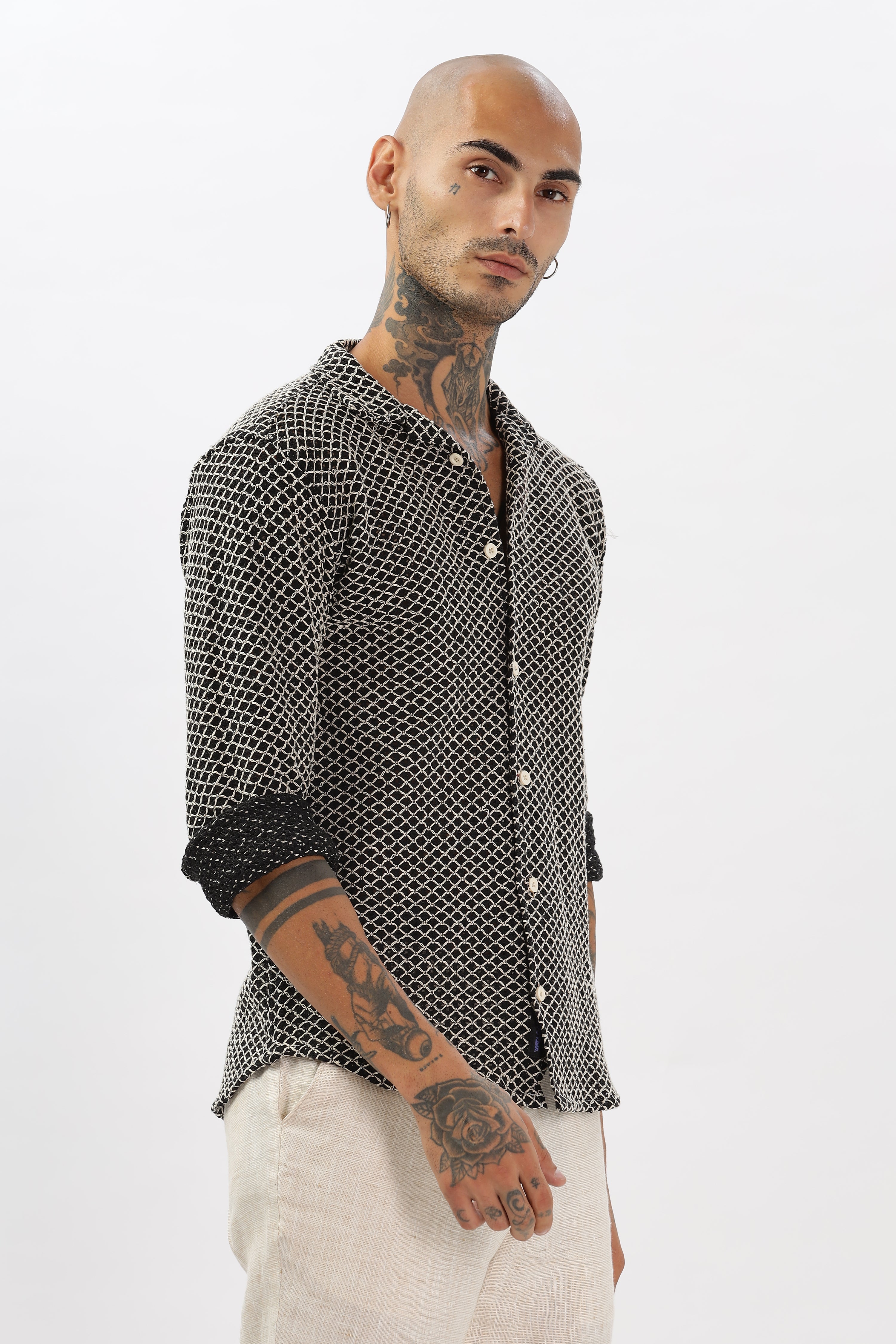 Stylish Black Cuban Collar Men's Crochet Cotton Full Sleeve Regular Shirt