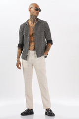 Stylish Black Cuban Collar Men's Crochet Cotton Full Sleeve Regular Shirt