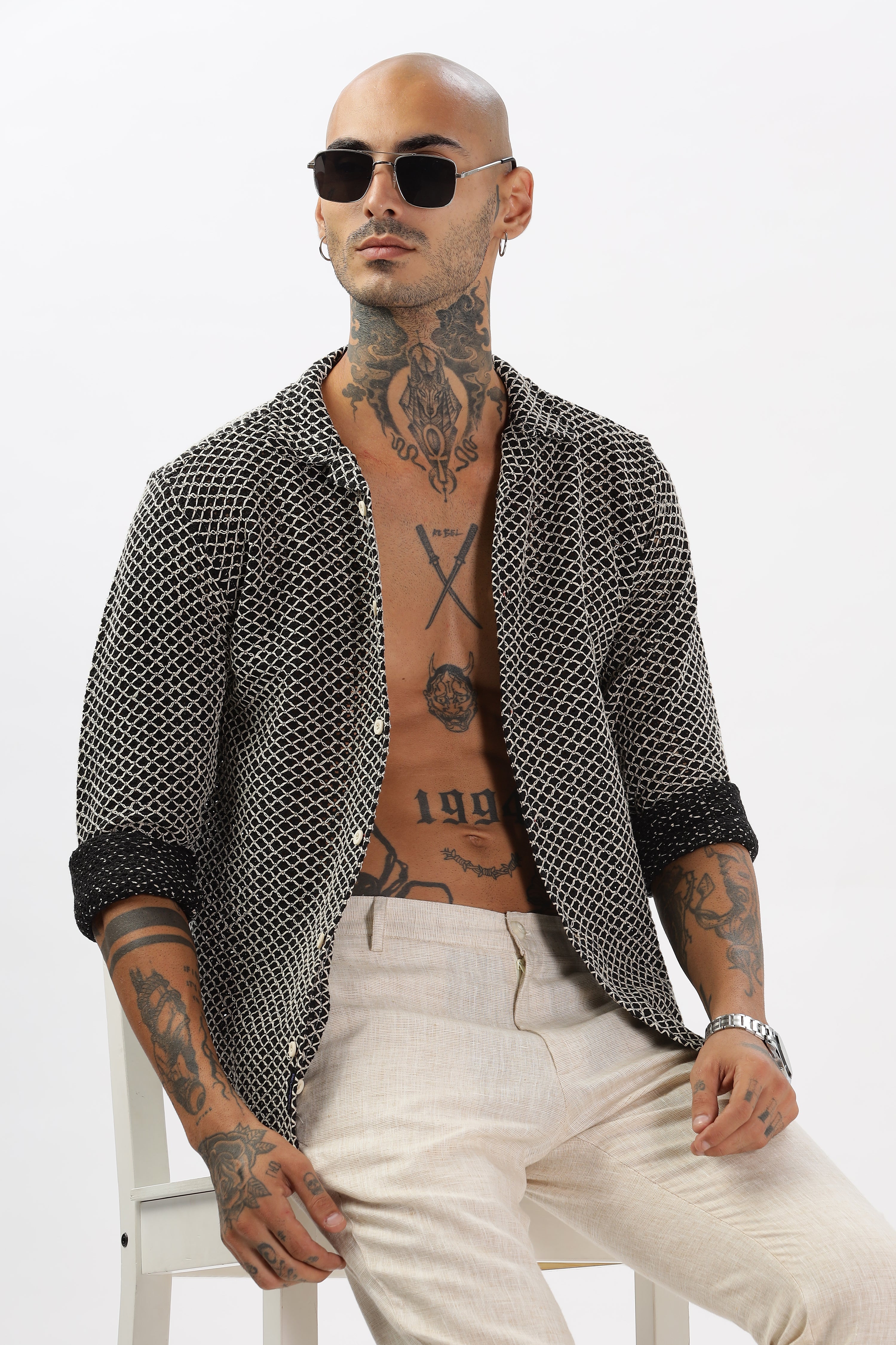 Stylish Black Cuban Collar Men's Crochet Cotton Full Sleeve Regular Shirt