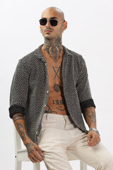 Stylish Black Cuban Collar Men's Crochet Cotton Full Sleeve Regular Shirt
