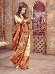 Chic Off White Banarasi Art Silk Woven Saree : Perfect for Weddings & Formal Events