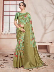 Elegant Olive Green Banarasi Art Silk Digital Print with woven border Saree : Perfect for Weddings & Formal Events