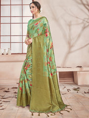 Elegant Olive Green Banarasi Art Silk Digital Print with woven border Saree : Perfect for Weddings & Formal Events