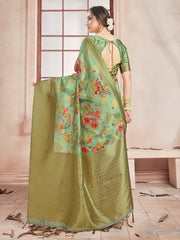 Elegant Olive Green Banarasi Art Silk Digital Print with woven border Saree : Perfect for Weddings & Formal Events