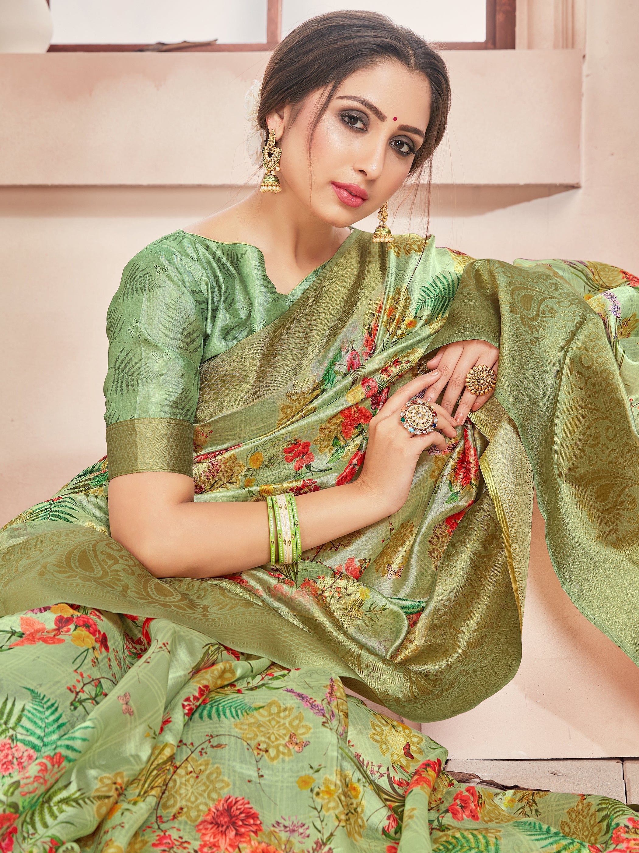 Elegant Olive Green Banarasi Art Silk Digital Print with woven border Saree : Perfect for Weddings & Formal Events