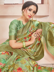 Elegant Olive Green Banarasi Art Silk Digital Print with woven border Saree : Perfect for Weddings & Formal Events