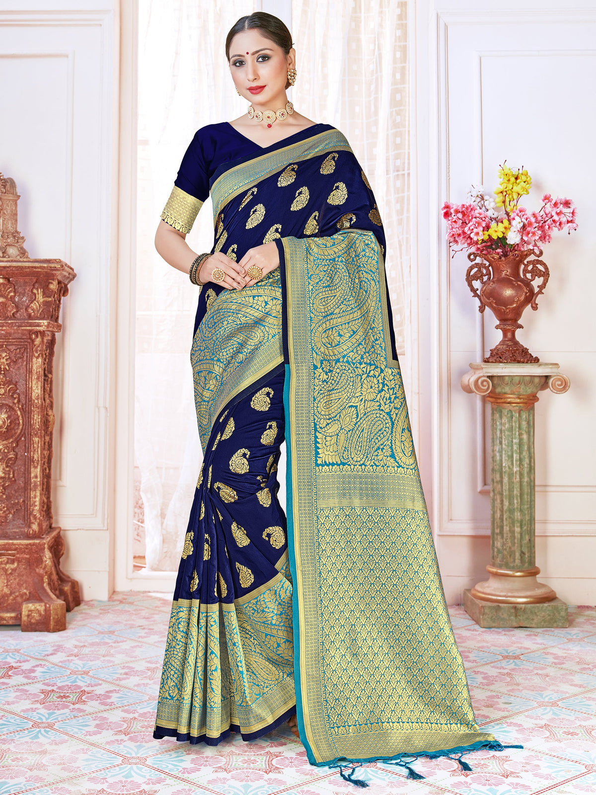 Stunning Navy Blue Banarasi Art Silk Woven Saree : Perfect for Weddings & Formal Events