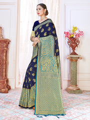 Stunning Navy Blue Banarasi Art Silk Woven Saree : Perfect for Weddings & Formal Events