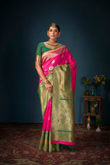 Elegant Pink Art Silk Banarasi Saree: Perfect for Weddings & Special Occasions