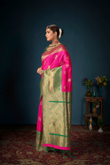 Elegant Pink Art Silk Banarasi Saree: Perfect for Weddings & Special Occasions