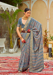 Elegant Grey Cotton-Silk Chevron Saree: Modern Design, Versatile & Easy Care