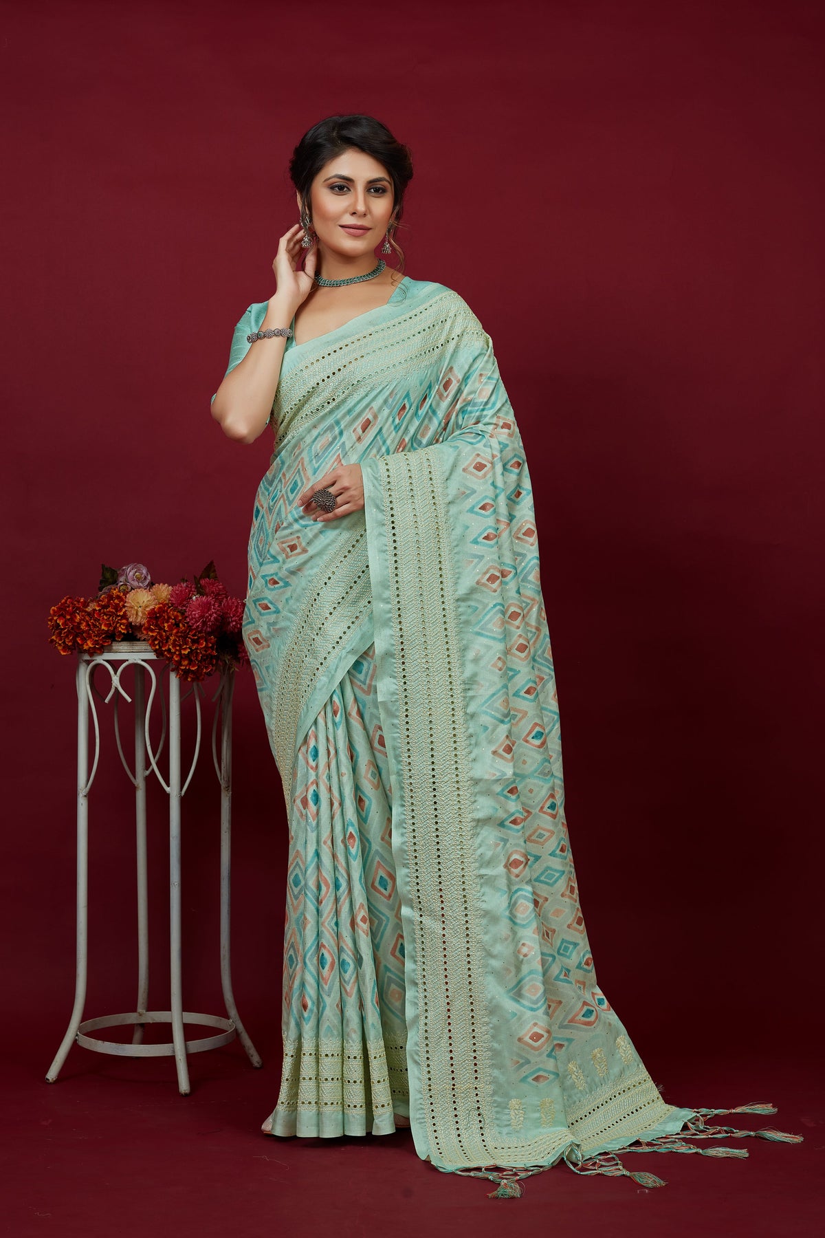 Shop Elegant Aqua Blue Cotton Silk Chickankari Embroidery Cut Work Saree : Tradition Meets Modernity in Premium Fabric