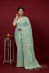 Shop Elegant Aqua Blue Cotton Silk Chickankari Embroidery Cut Work Saree : Tradition Meets Modernity in Premium Fabric
