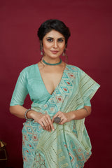 Shop Elegant Aqua Blue Cotton Silk Chickankari Embroidery Cut Work Saree : Tradition Meets Modernity in Premium Fabric