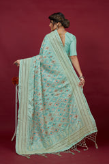 Shop Elegant Aqua Blue Cotton Silk Chickankari Embroidery Cut Work Saree : Tradition Meets Modernity in Premium Fabric