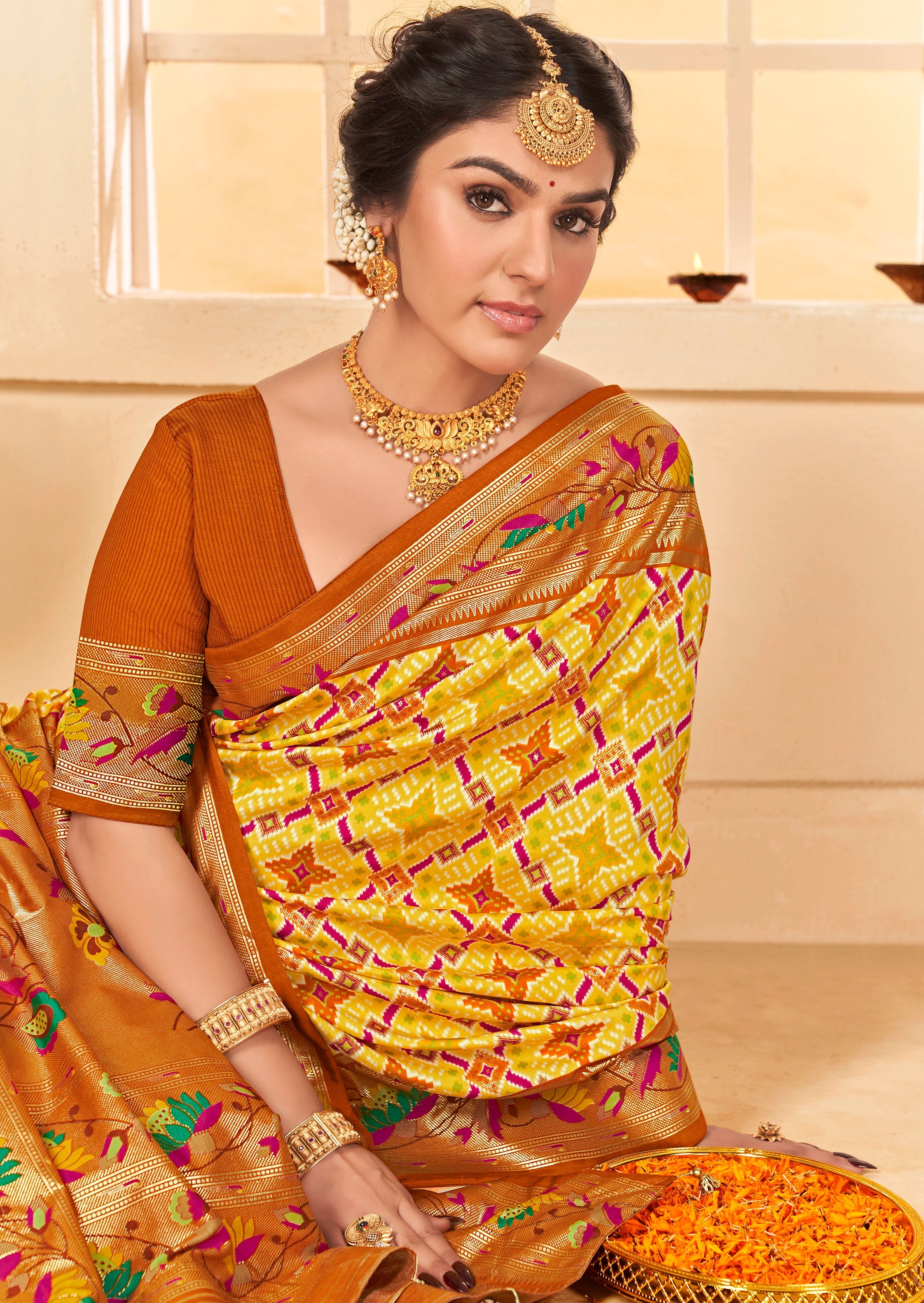 Elevate Elegance: Orange Yellow Cotton Silk Ikkat Print Saree  - Tradition Meets Modern Sophistication
