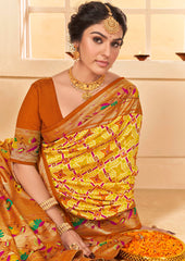 Elevate Elegance: Orange Yellow Cotton Silk Ikkat Print Saree  - Tradition Meets Modern Sophistication
