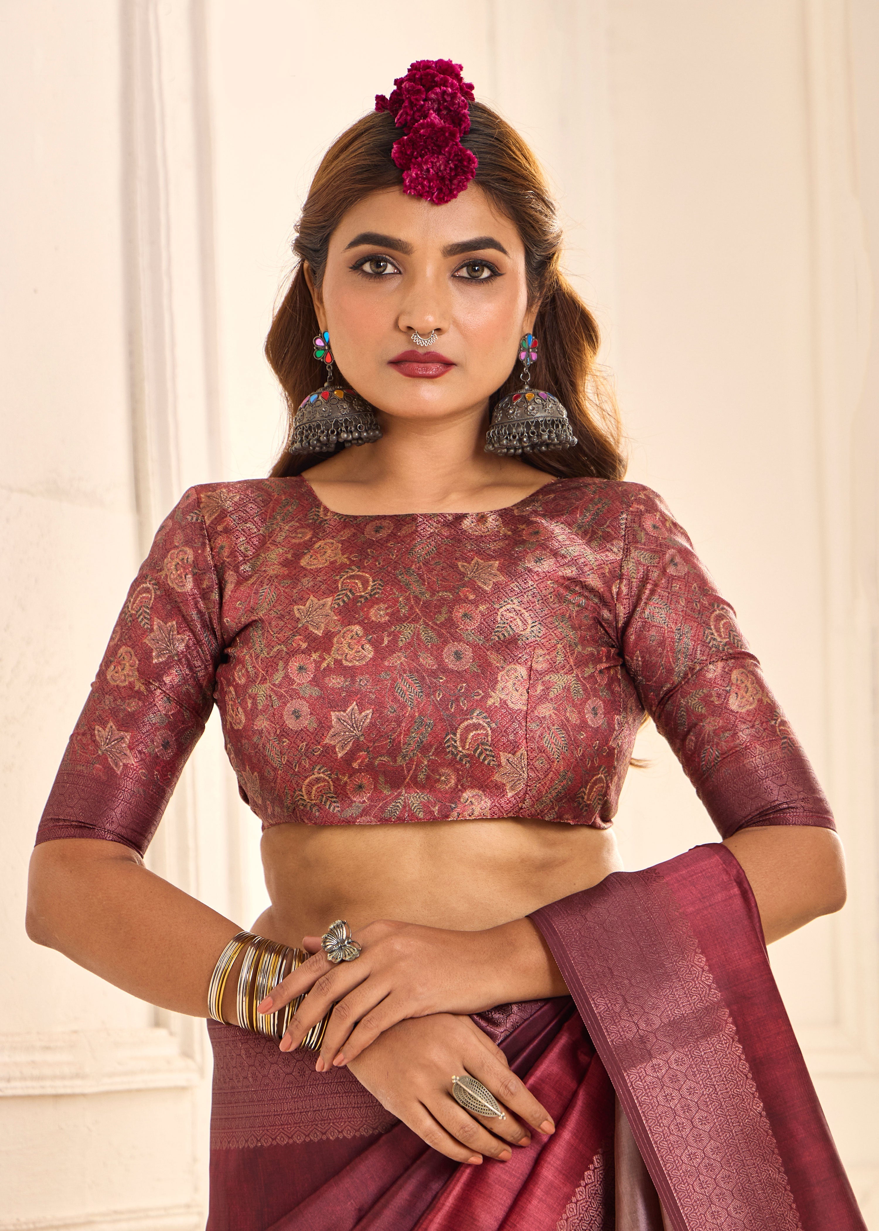 Velvet Maroon Tussar Silk Woven Saree-4441