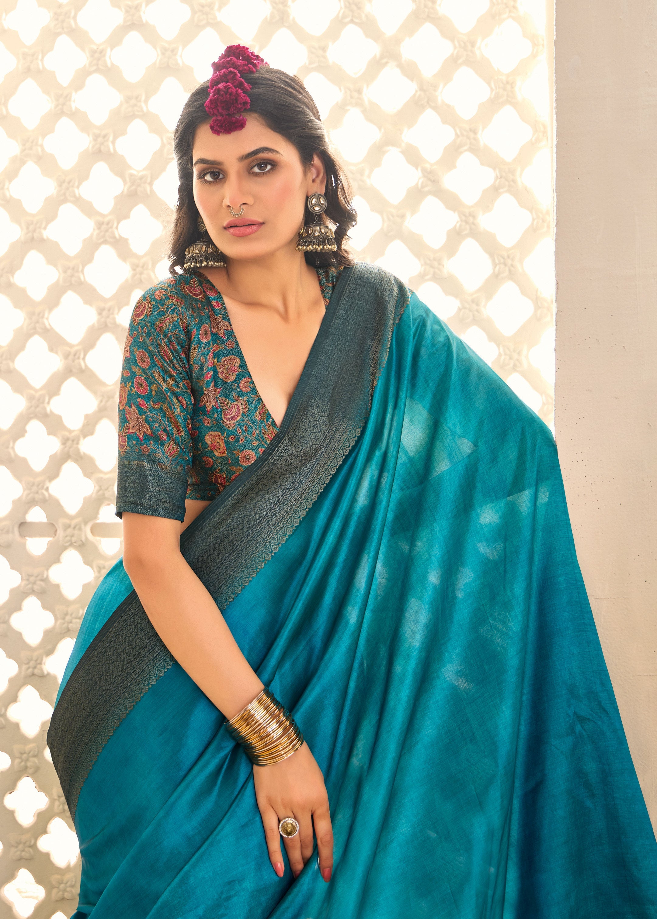 Pacific Blue Tussar Silk Woven Saree-4443