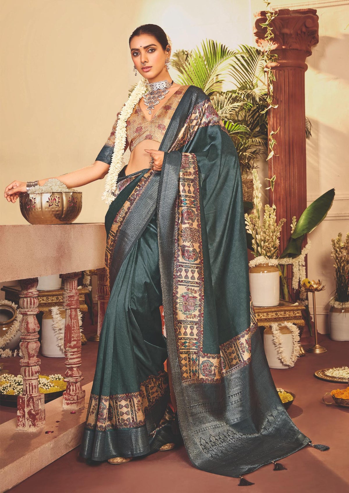 Lunar Green Tussar Silk Tribal Print Saree-4457