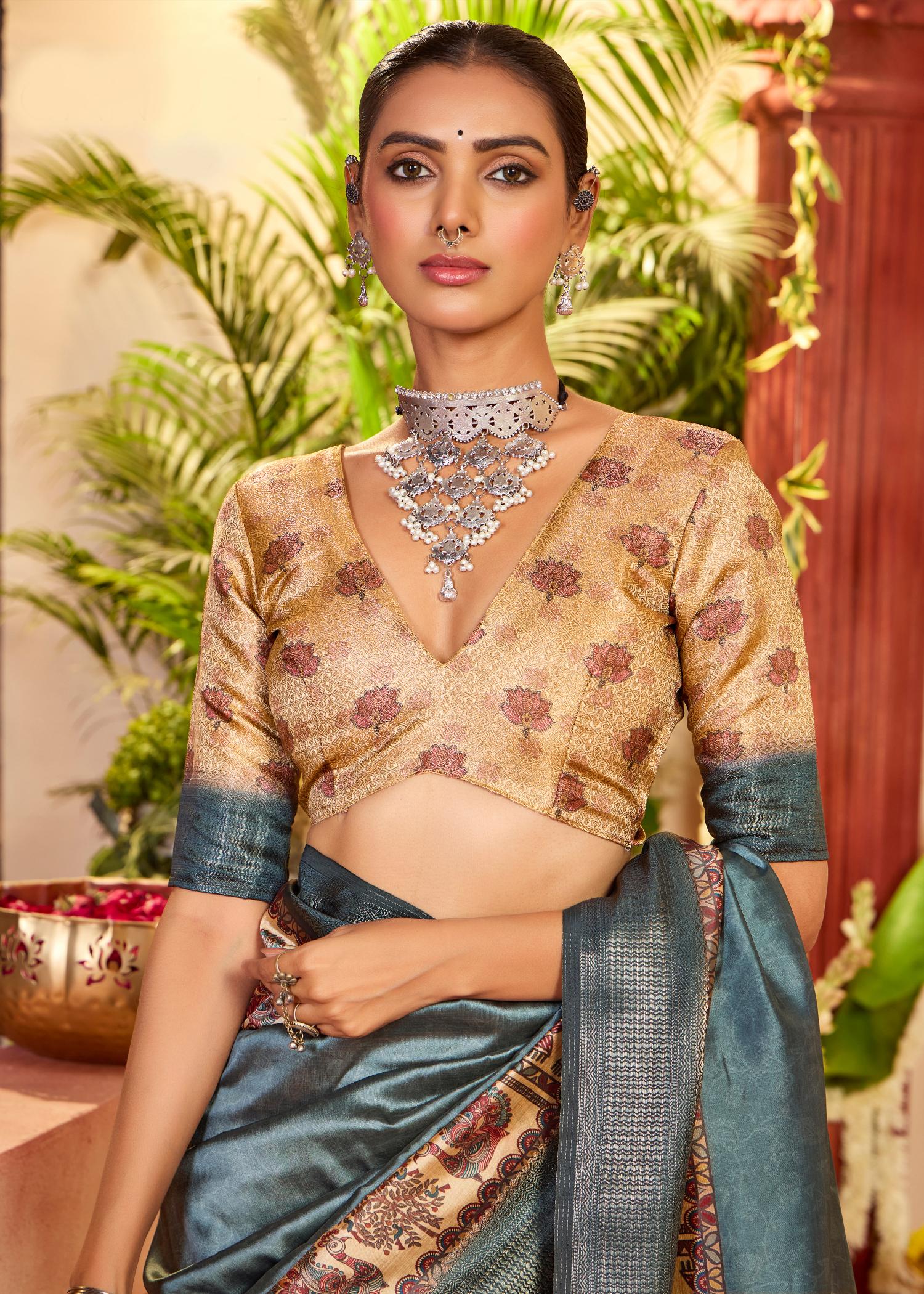 Lunar Green Tussar Silk Tribal Print Saree-4457