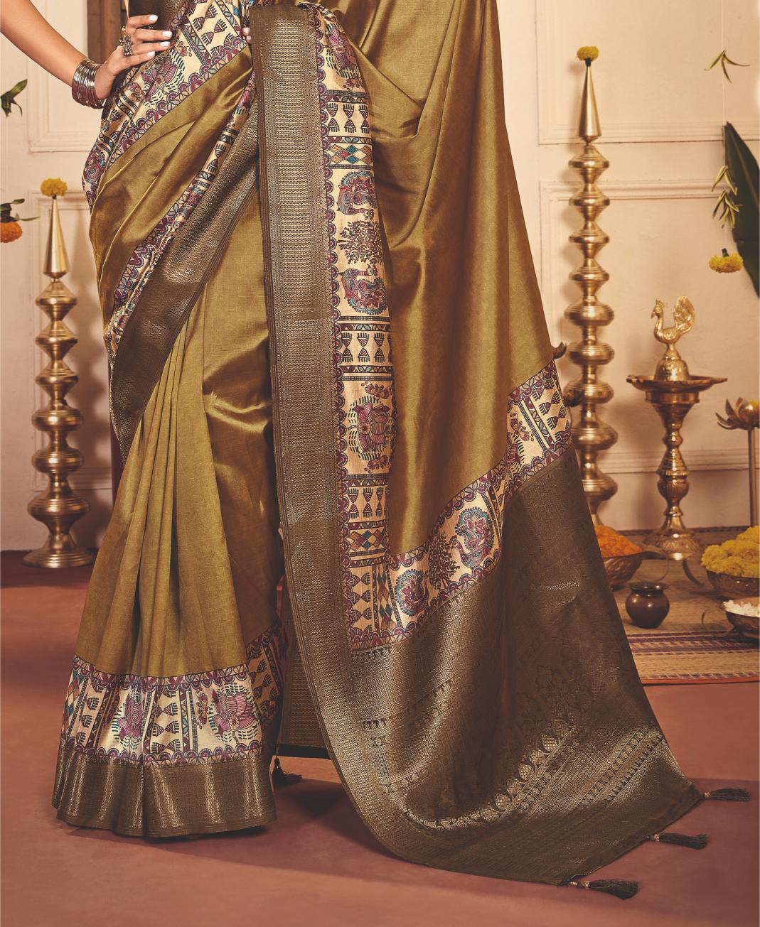 French Beige Tussar Silk Tribal Print Saree-4458