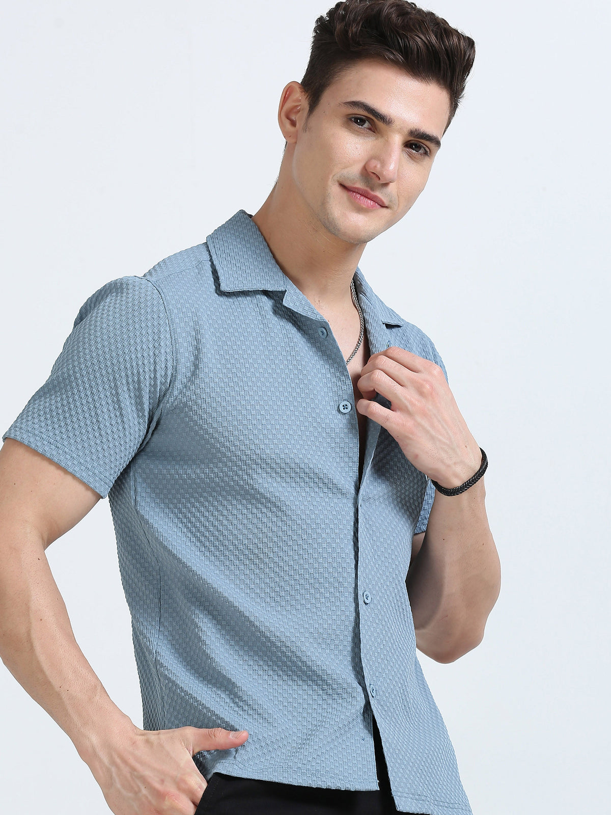 Men's Blue Regular Fit Half Sleeve Popcorn Shirt with Regular Collar