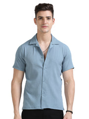 Men's Blue Regular Fit Half Sleeve Popcorn Shirt with Regular Collar