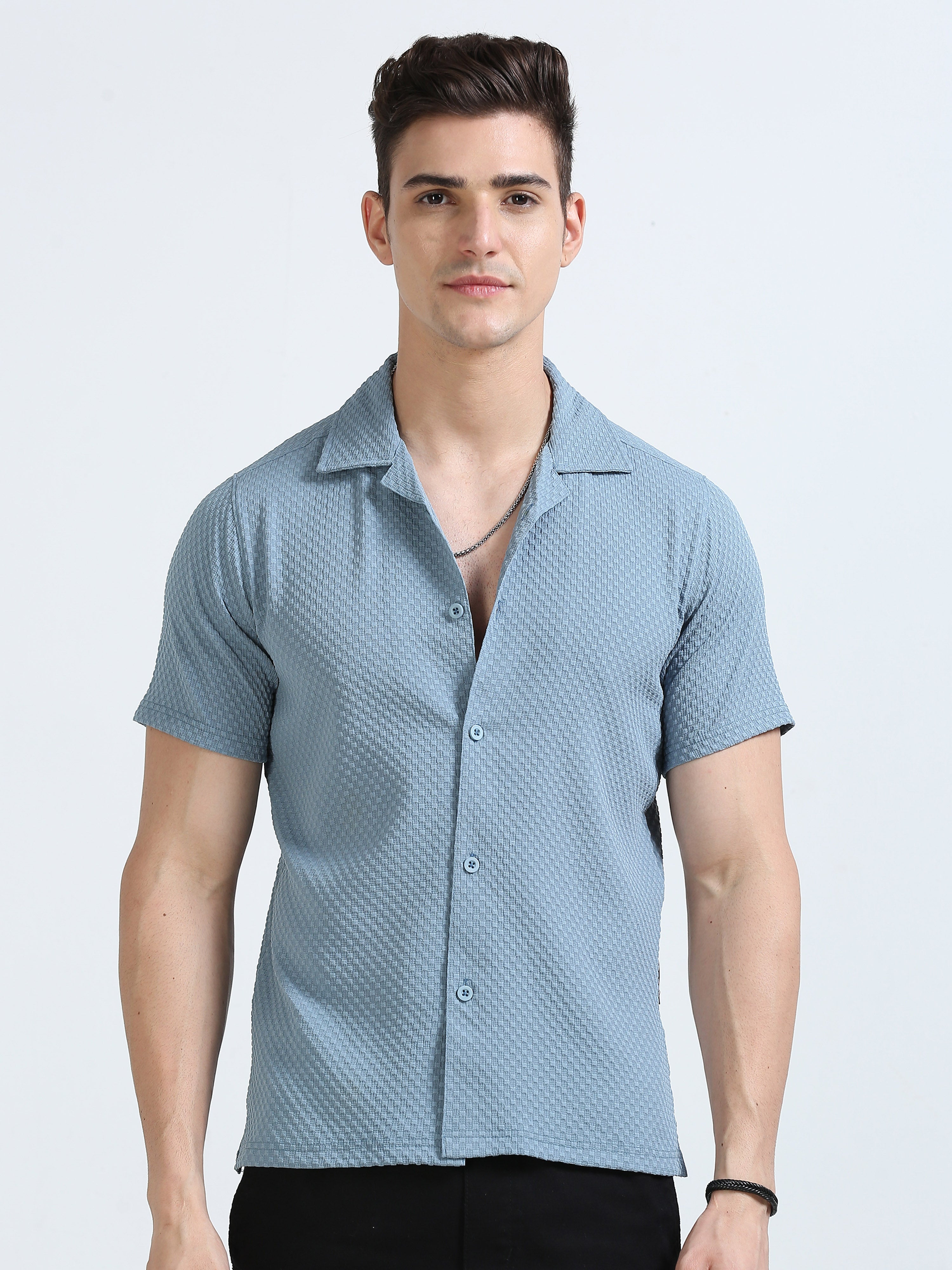 Men's Blue Regular Fit Half Sleeve Popcorn Shirt with Regular Collar