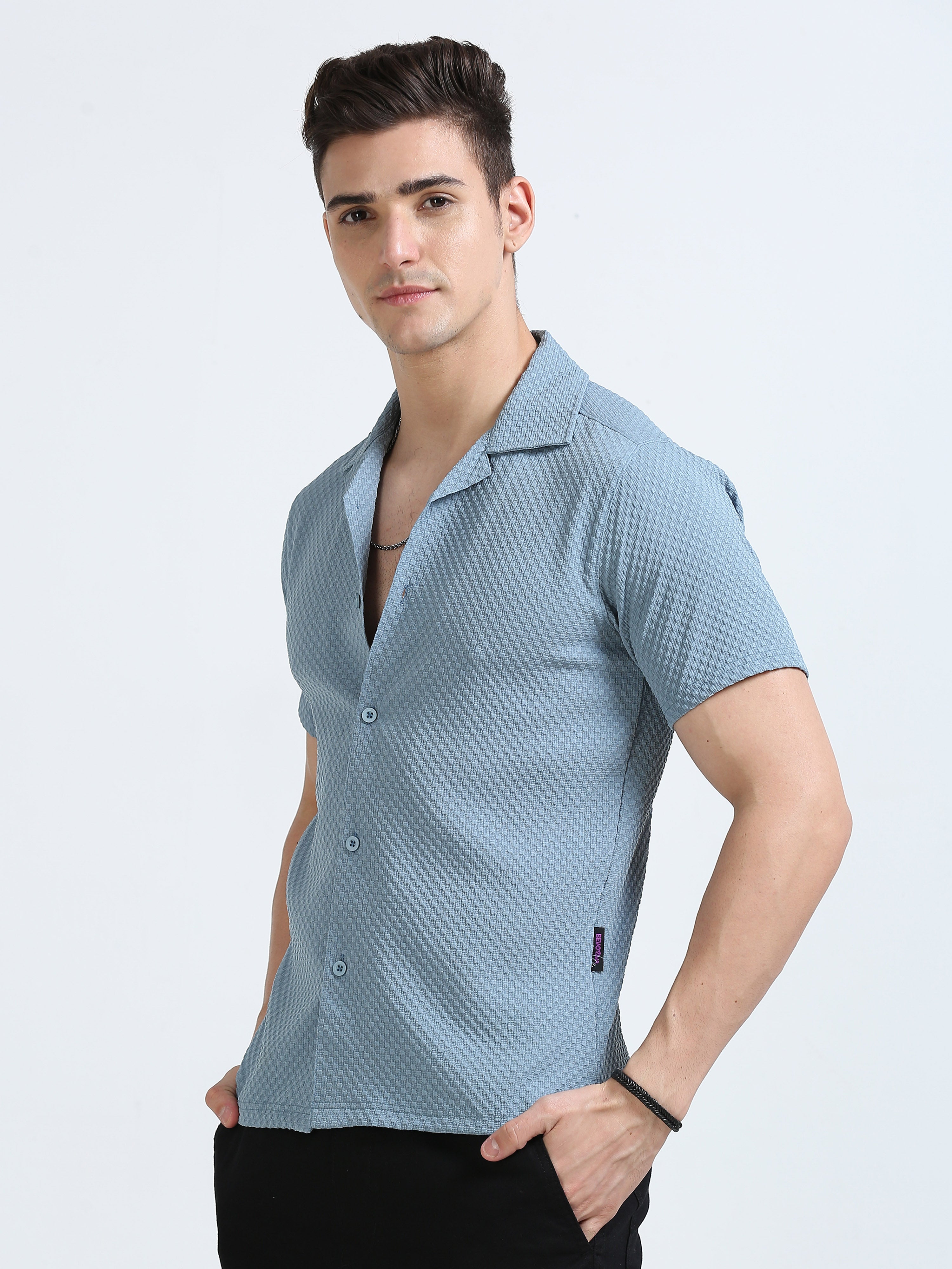 Men's Blue Regular Fit Half Sleeve Popcorn Shirt with Regular Collar