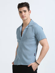 Men's Blue Regular Fit Half Sleeve Popcorn Shirt with Regular Collar