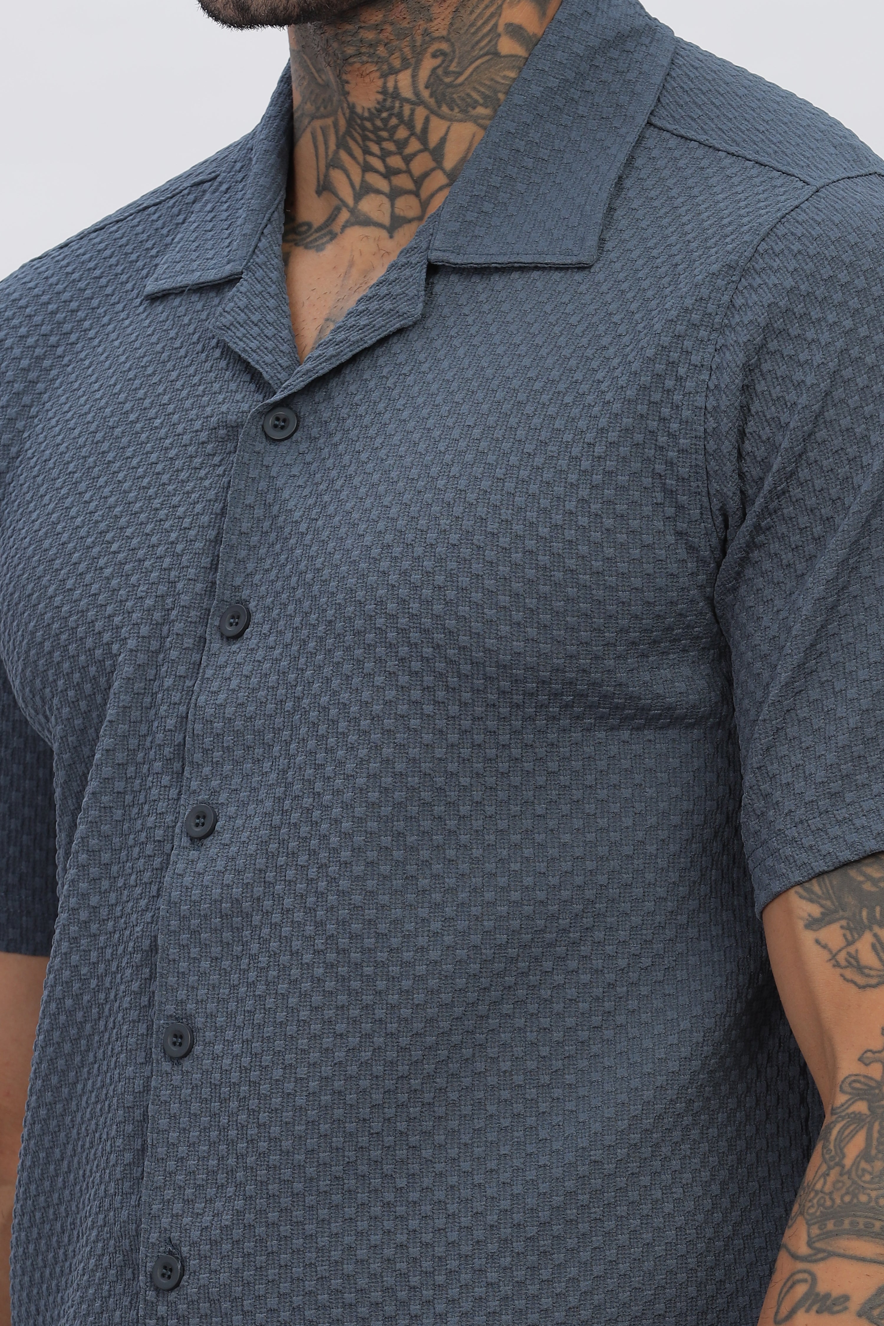 Stylish Dark-Blue Cuban Collar Men's Shirt with Half Sleeves - Popcorn Design