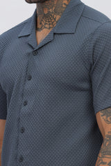 Stylish Dark-Blue Cuban Collar Men's Shirt with Half Sleeves - Popcorn Design