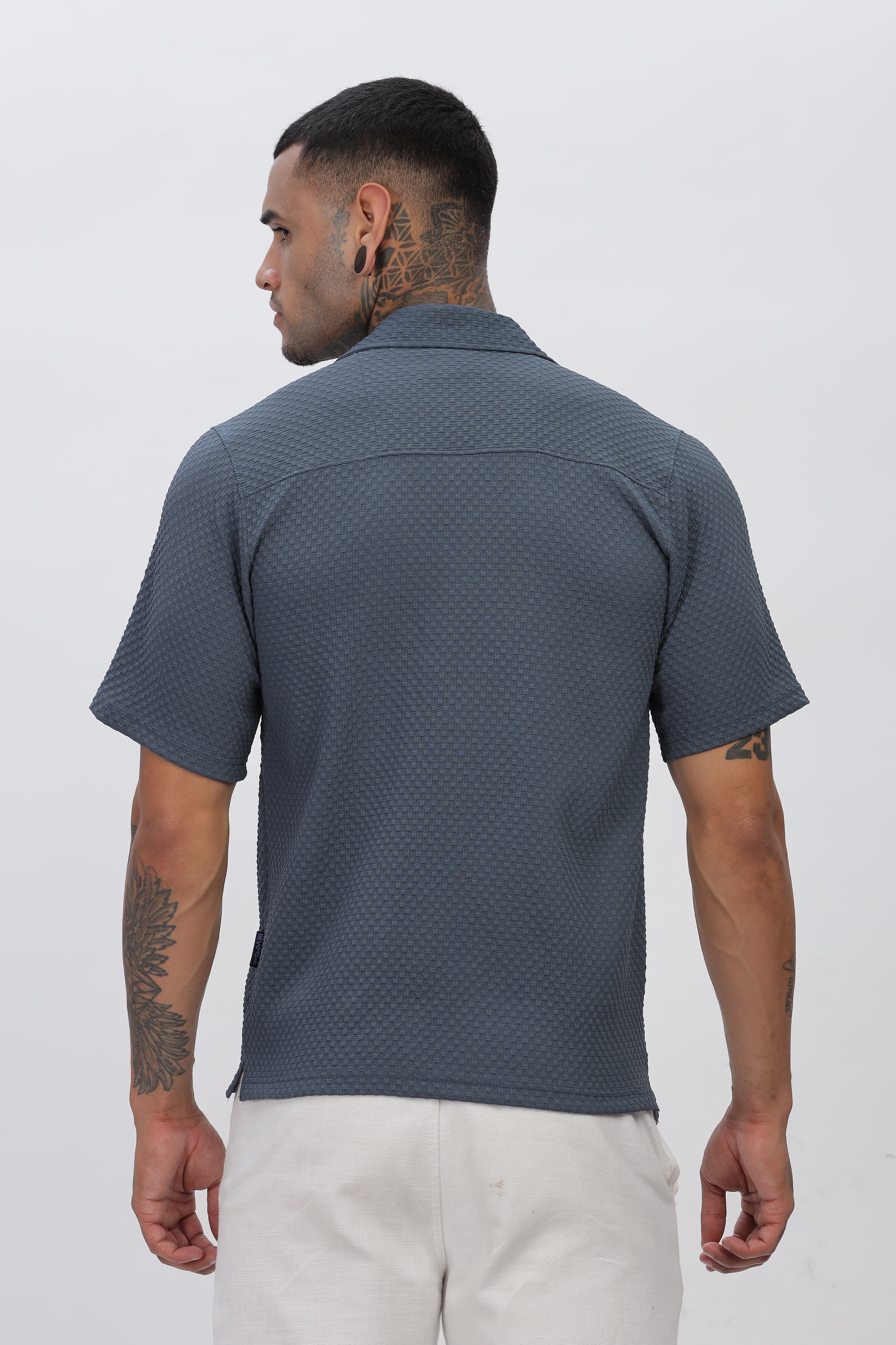 Stylish Dark-Blue Cuban Collar Men's Shirt with Half Sleeves - Popcorn Design