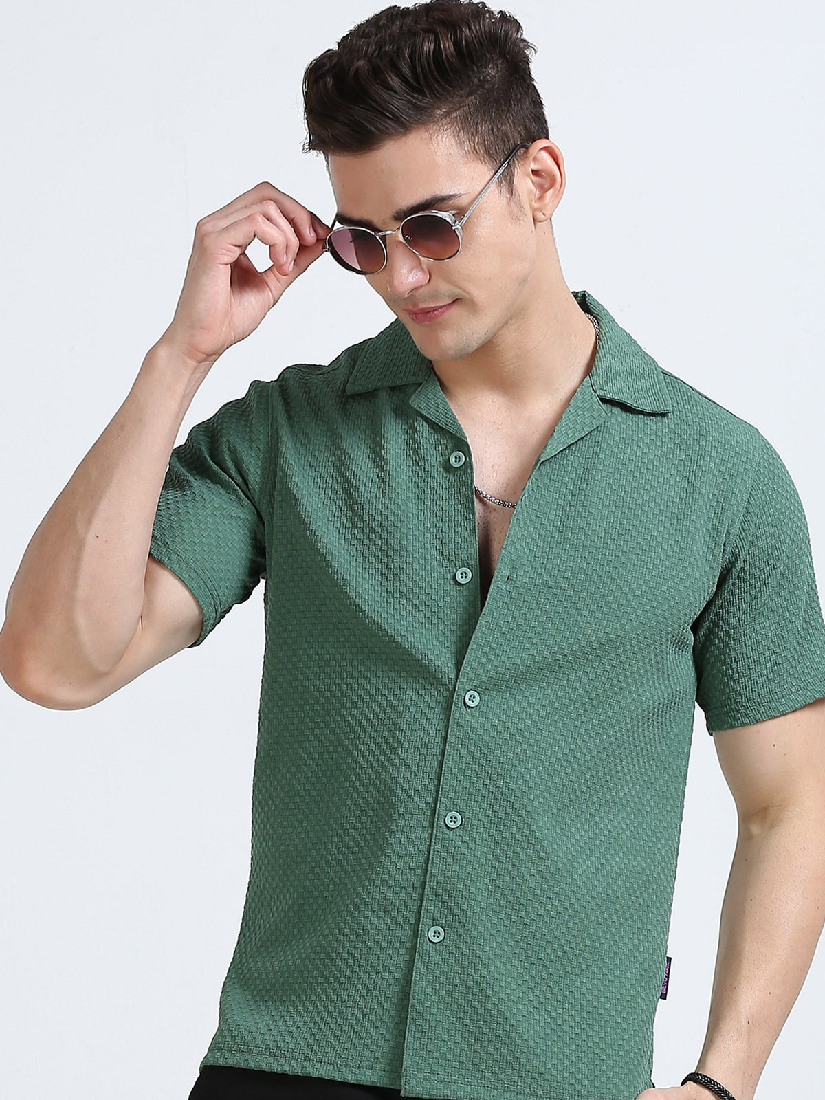 Men's Green Regular Collar Half Sleeve Popcorn Shirt - Casual & Stylish
