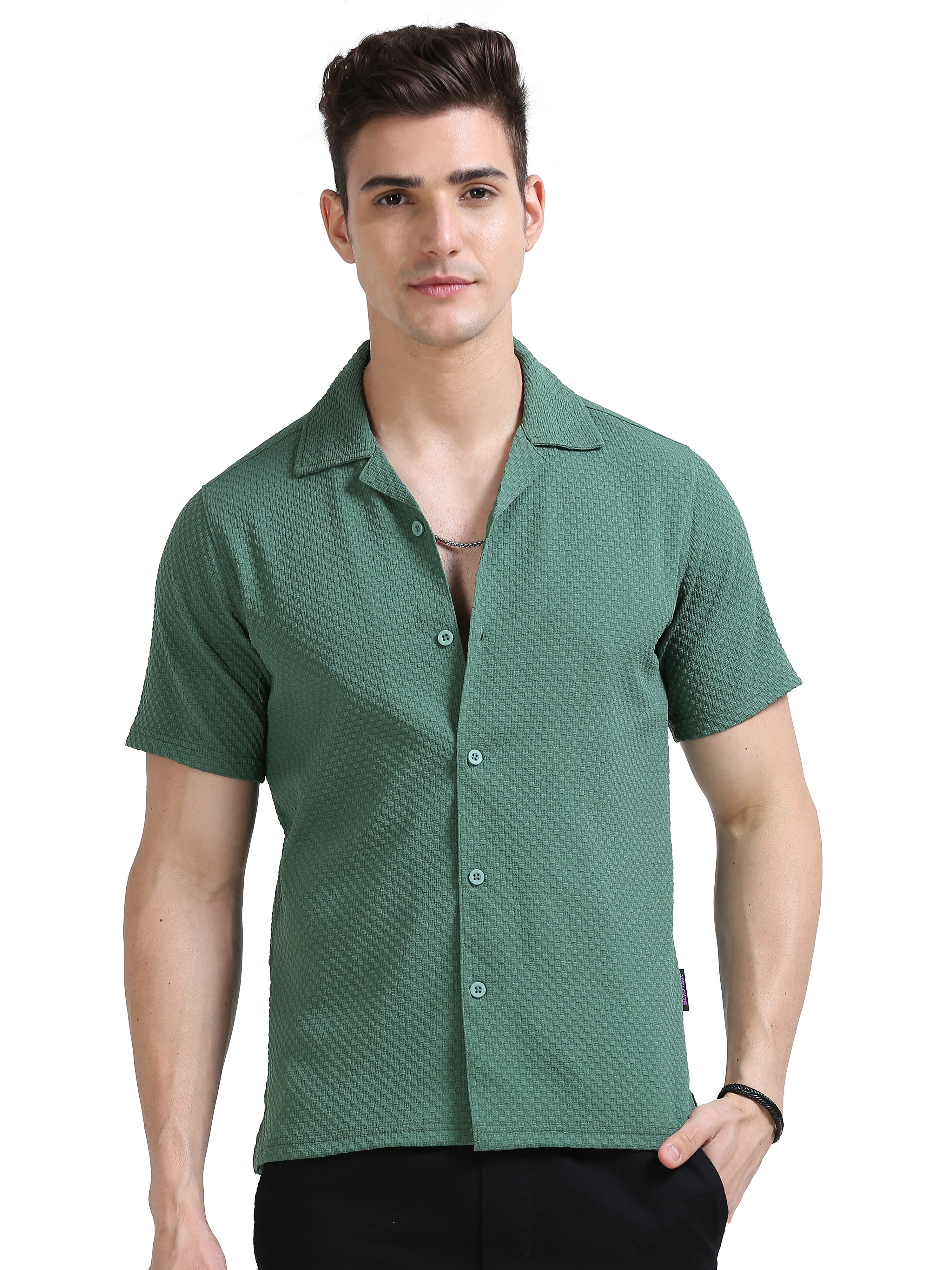 Men's Green Regular Collar Half Sleeve Popcorn Shirt - Casual & Stylish
