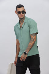 Light-Green Cuban Collar Half Sleeve Popcorn Men's Regular Shirt - Stylish & Comfy