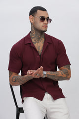 Stylish Maroon Cuban Collar Half Sleeve Popcorn Men's Regular Shirt