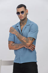 Stylish Blue Cuban Collar Men's Half Sleeve Popcorn Regular Shirt