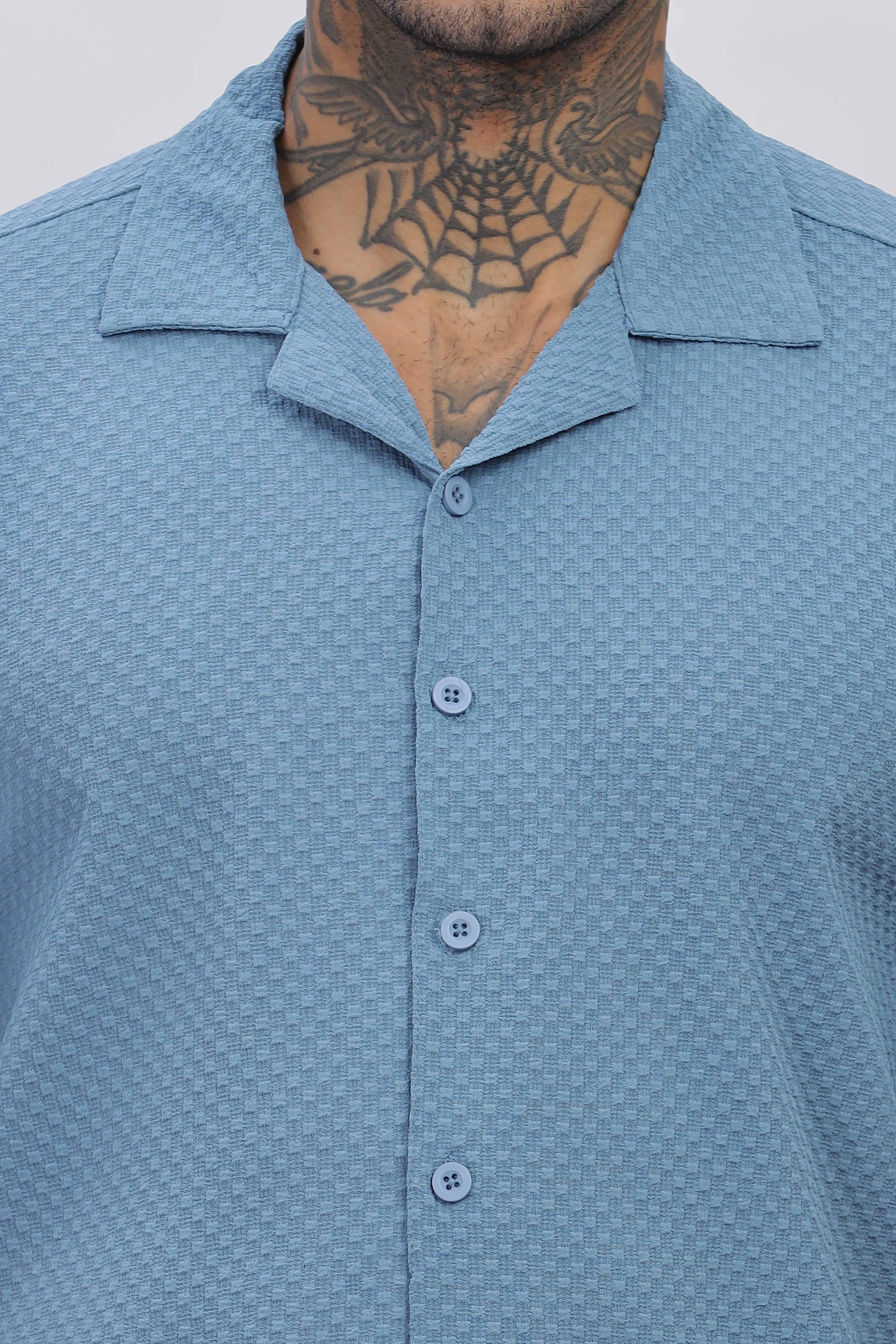 Stylish Blue Cuban Collar Men's Half Sleeve Popcorn Regular Shirt