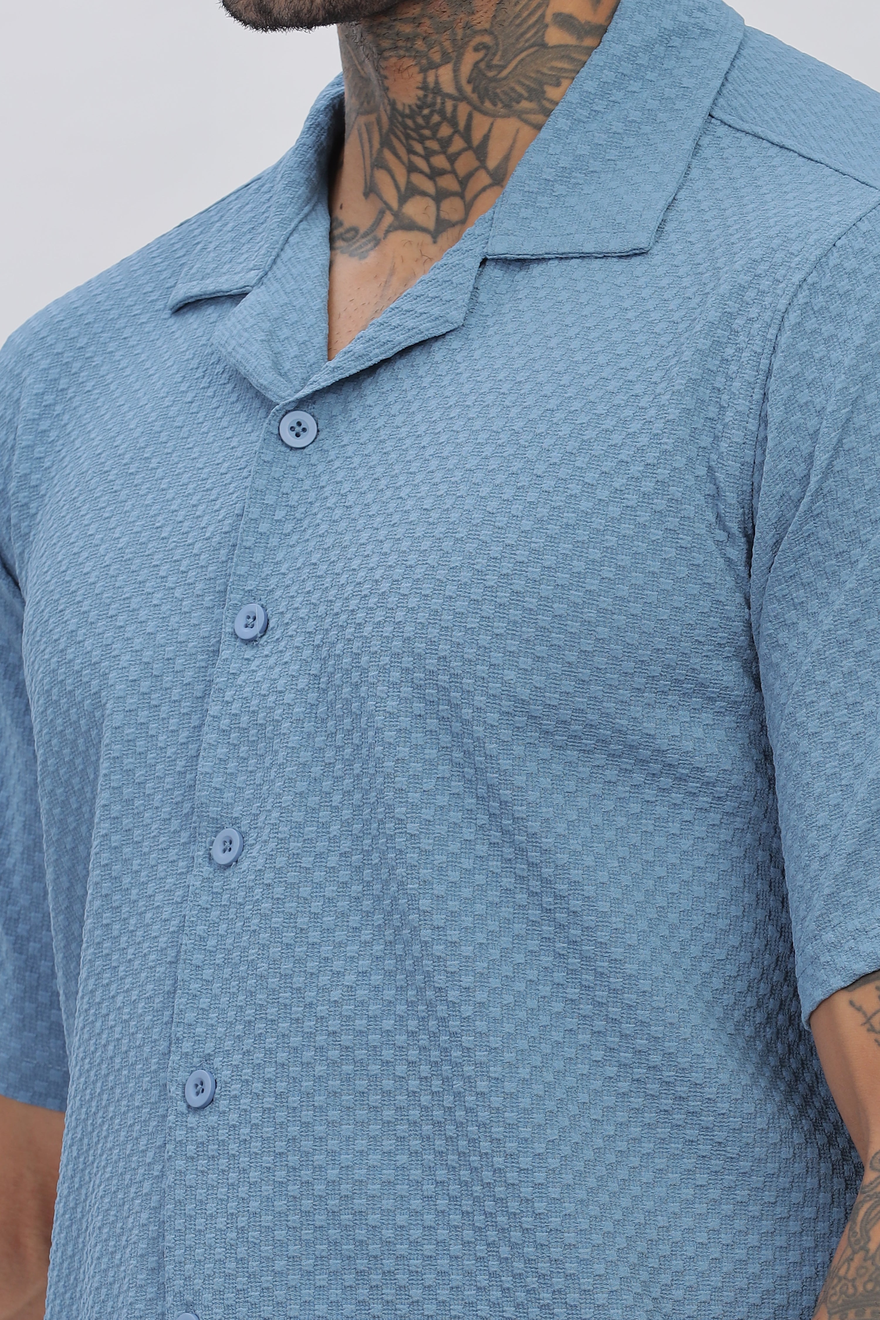 Stylish Blue Cuban Collar Men's Half Sleeve Popcorn Regular Shirt