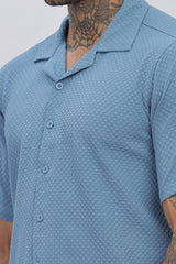 Stylish Blue Cuban Collar Men's Half Sleeve Popcorn Regular Shirt