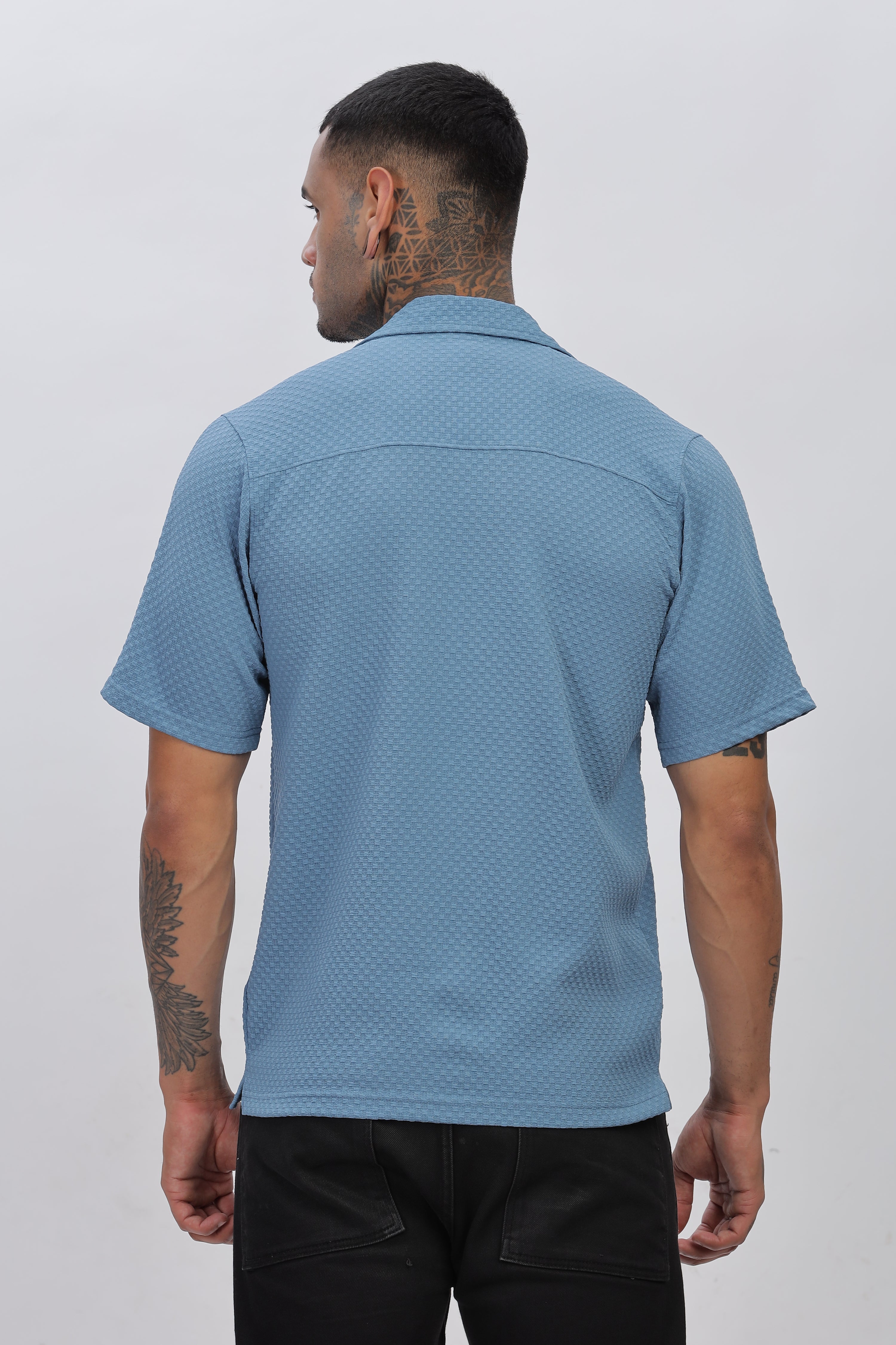 Stylish Blue Cuban Collar Men's Half Sleeve Popcorn Regular Shirt