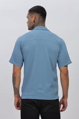 Stylish Blue Cuban Collar Men's Half Sleeve Popcorn Regular Shirt