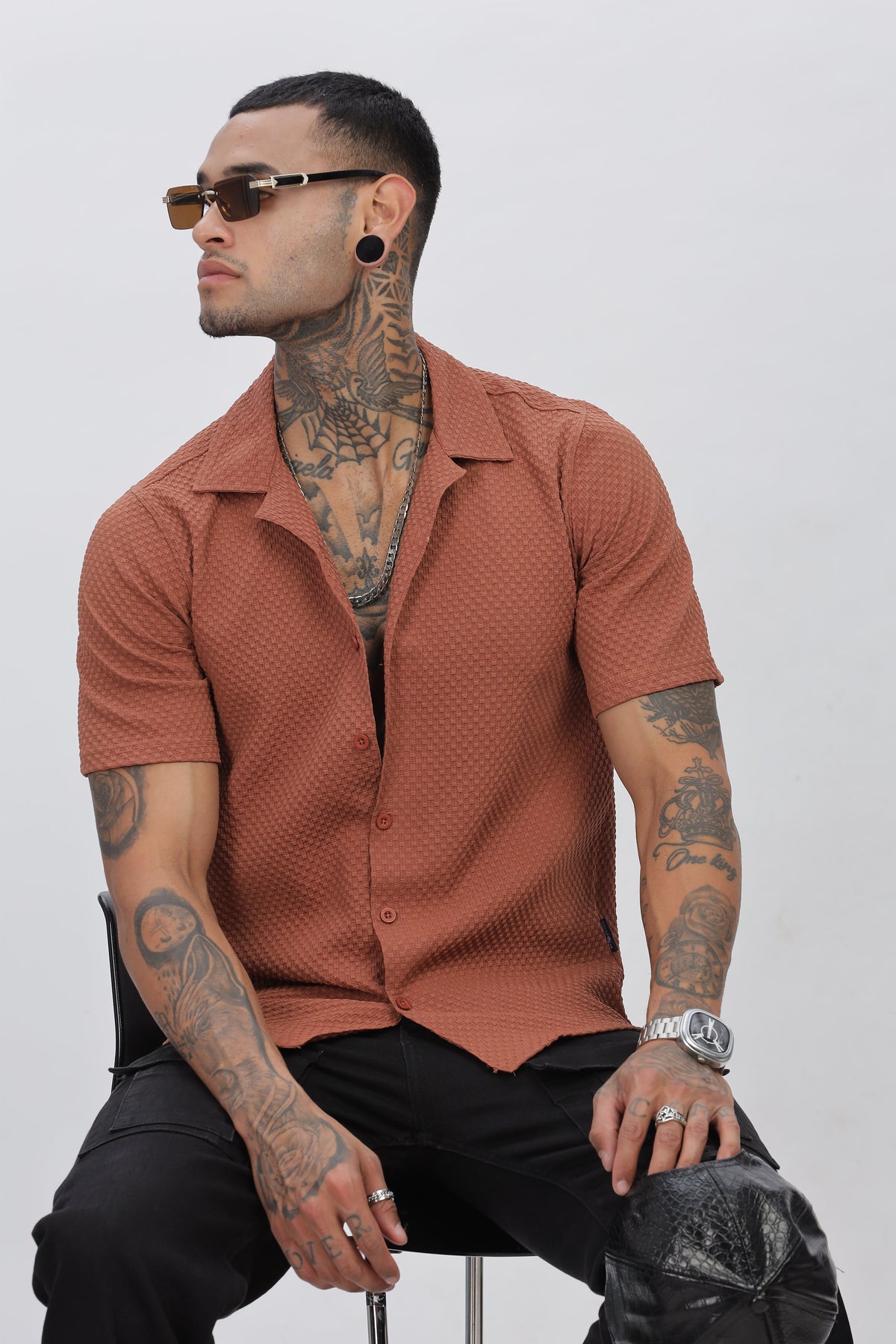 Rust Cuban Collar Men's Shirt - Regular Fit, Half Sleeves, Popcorn Design